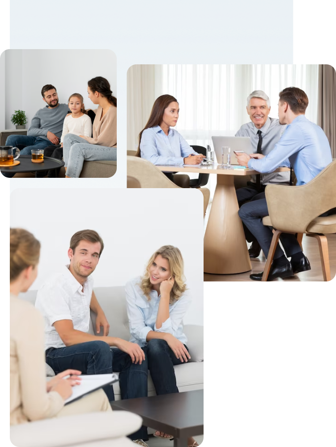 A collage of individuals participating in a couples therapy session.