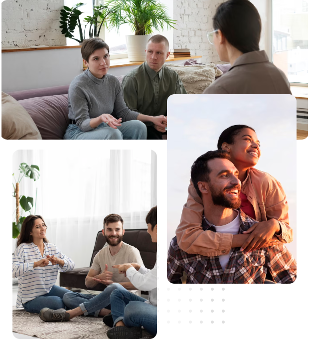 A collage of people sitting in a living room during divorce counseling.