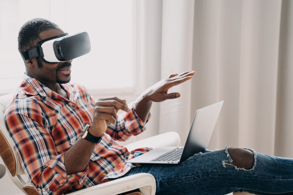 A man experiencing virtual reality for mental health improvement.