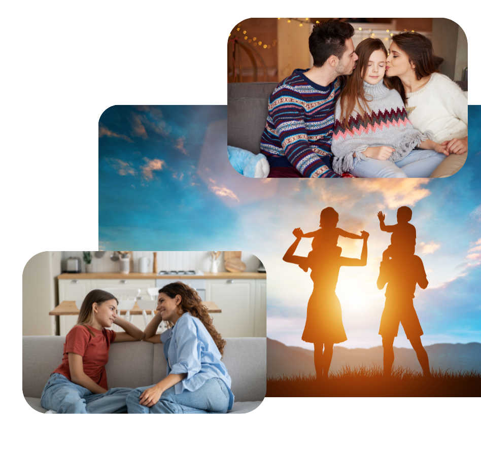 A collage of three images: a family with a child on a couch, a woman and child talking on a couch during divorce counseling, and a silhouetted family at sunset with a child on shoulders.