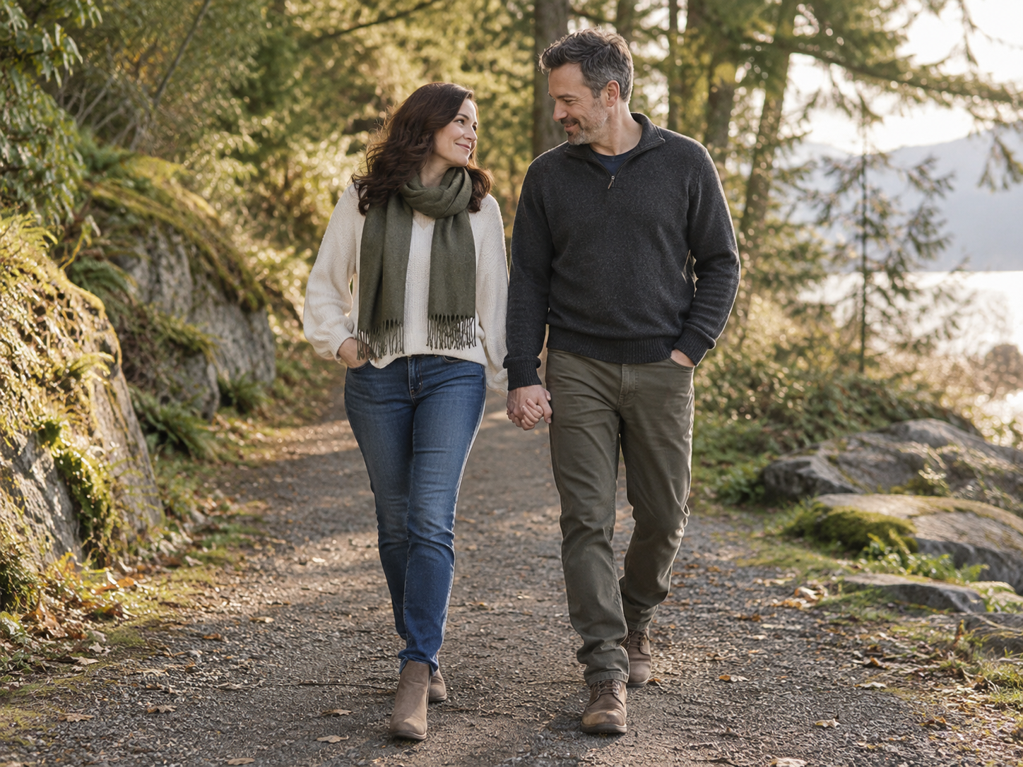 A couple holding hands on a wooded path