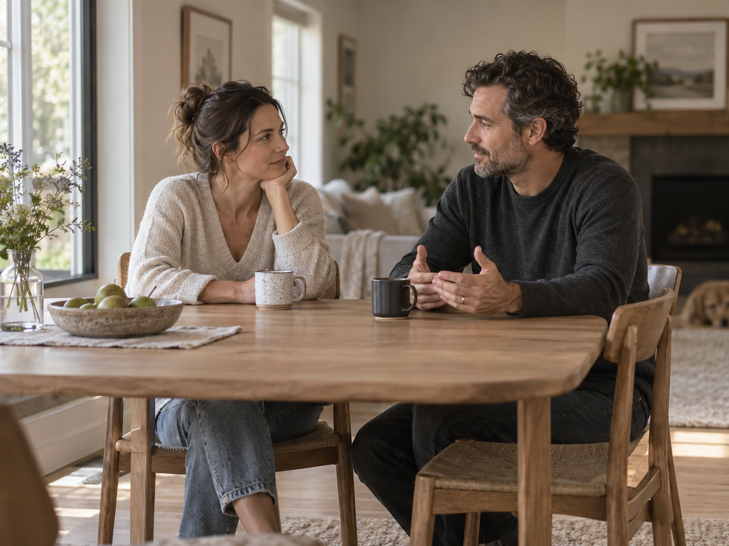 A couple listening and talking together at home
