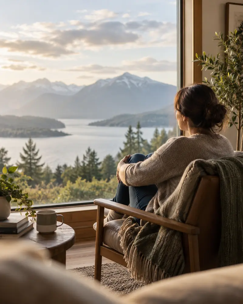 Woman reflecting beside a window overlooking a mountain landscape