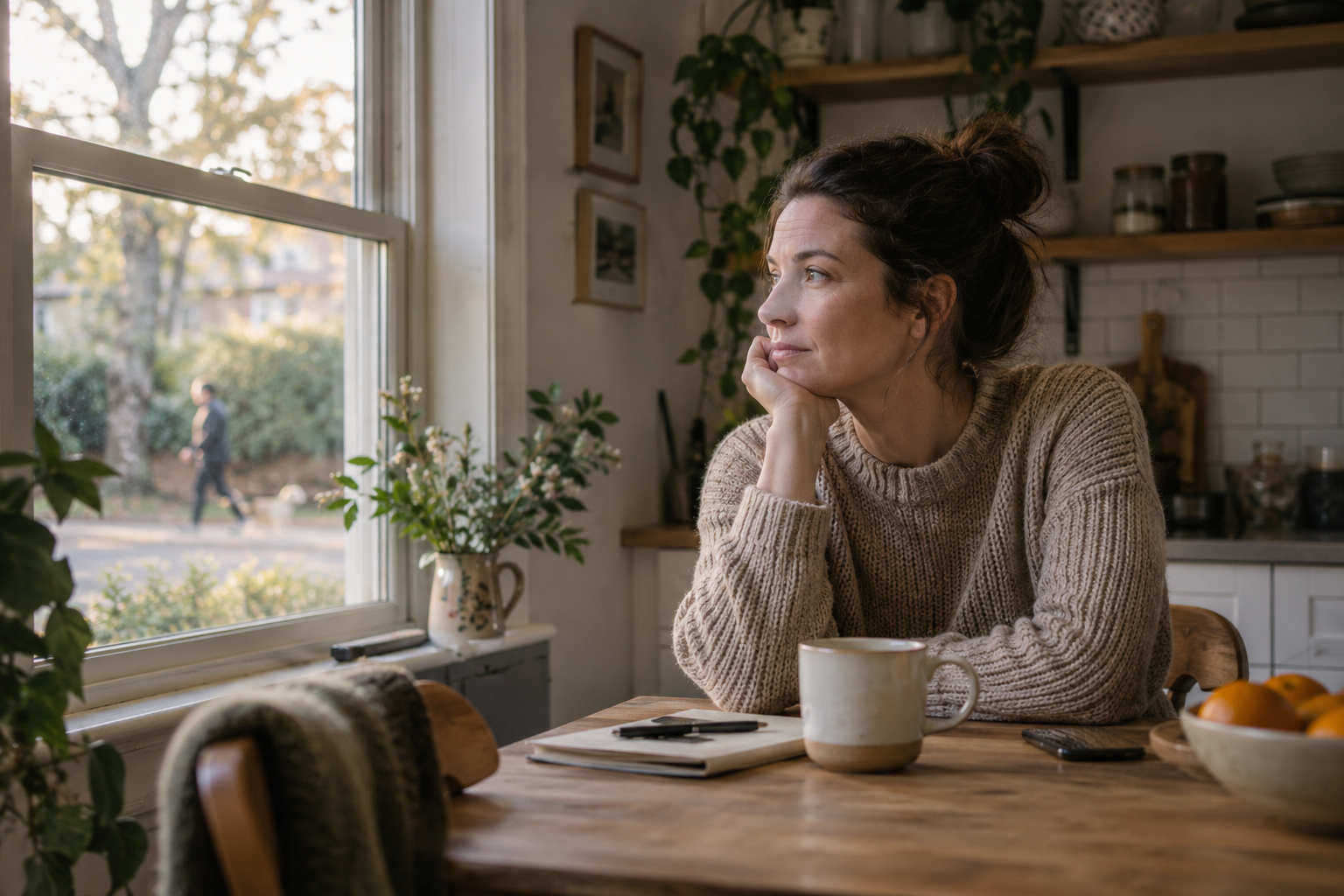 Woman pausing at a kitchen table by a window while managing anxious thoughts