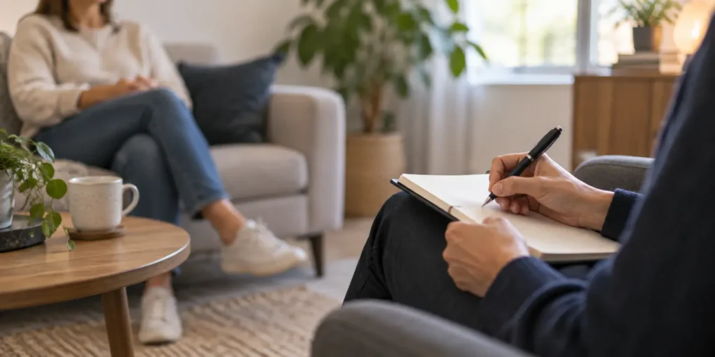 Counsellor taking notes during a cognitive behavioural therapy session