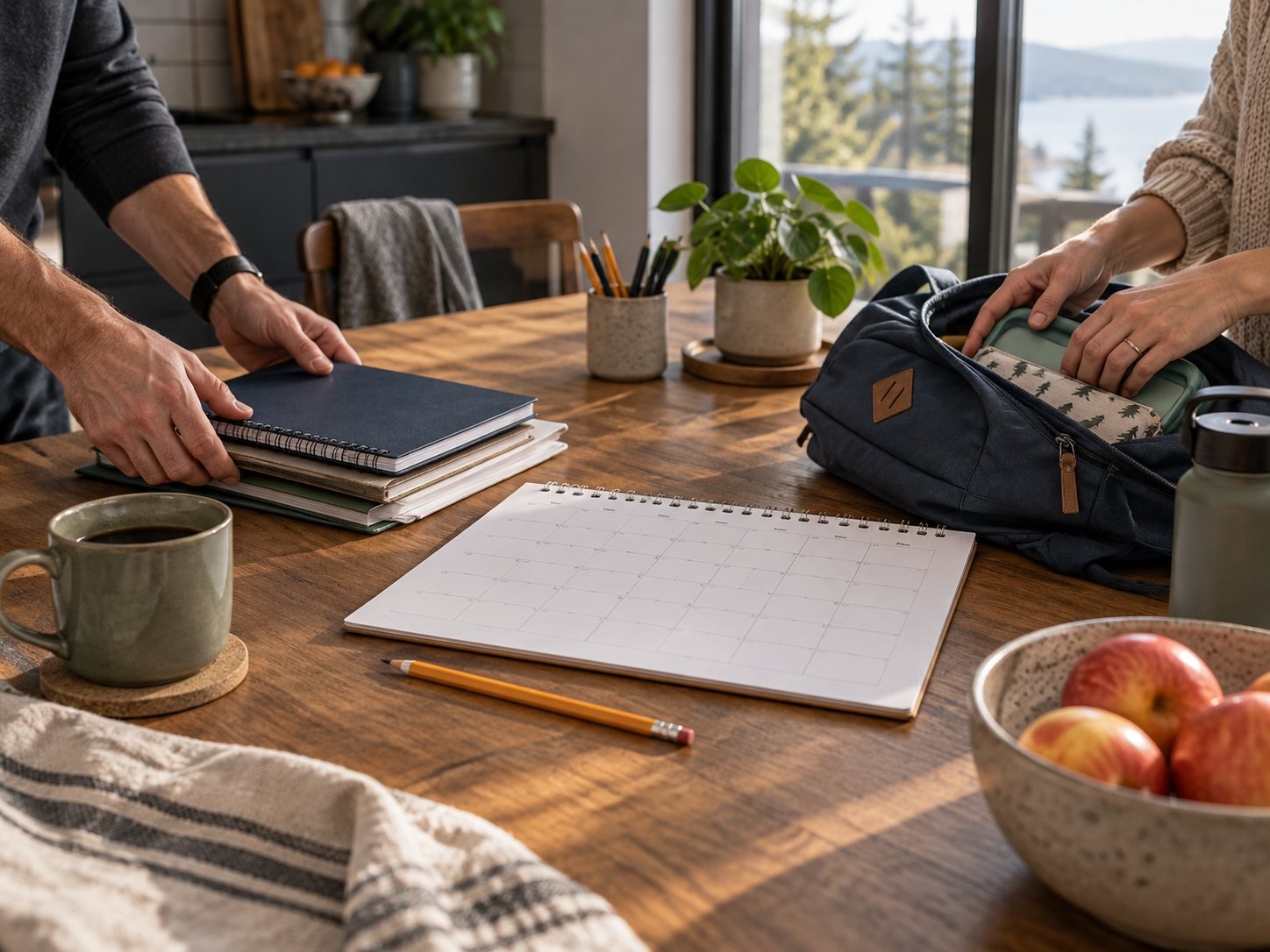 Two co-parents coordinating a school calendar and child’s backpack