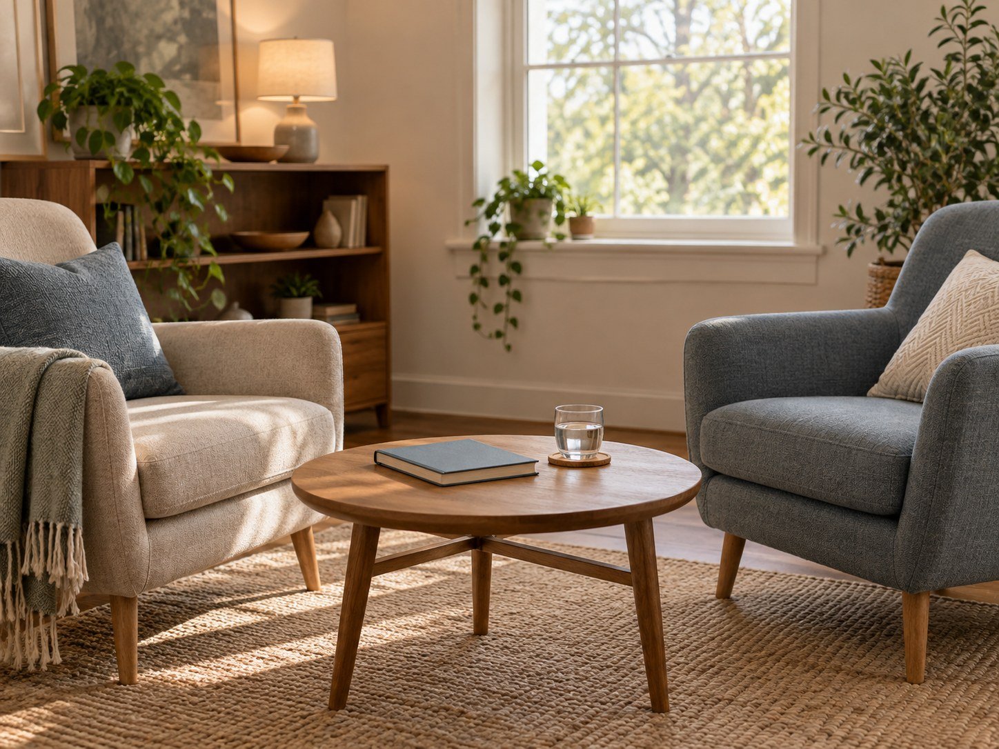 Two chairs prepared for a co-parenting coaching session in a calm counselling room