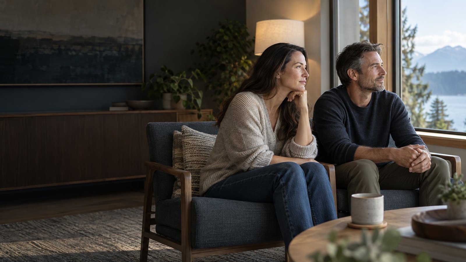 Two co-parents sitting together in a calm counselling room in Walnut Grove