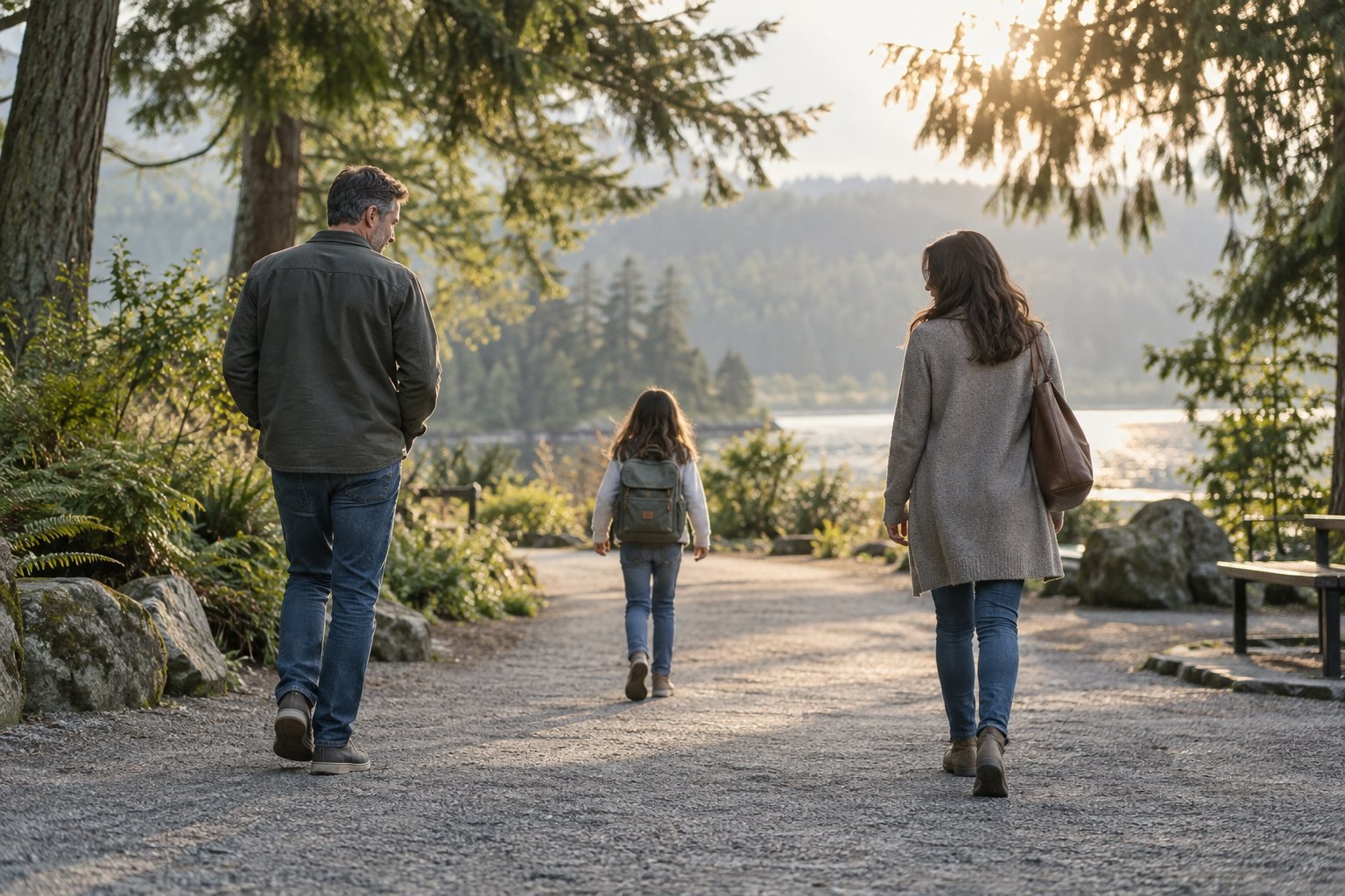 Two co-parents walking separately with their child