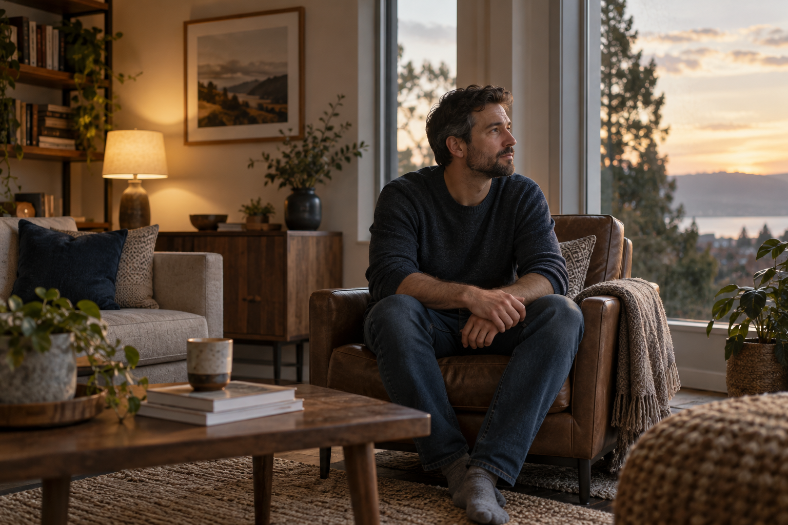 Man reflecting calmly beside a window in a warm living room