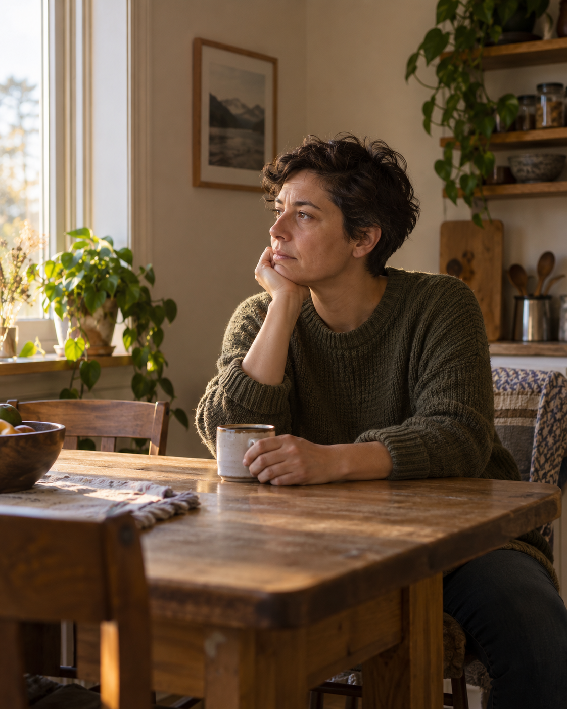 Person sitting thoughtfully with a cup of tea in a warm home, reflecting on the need for relief