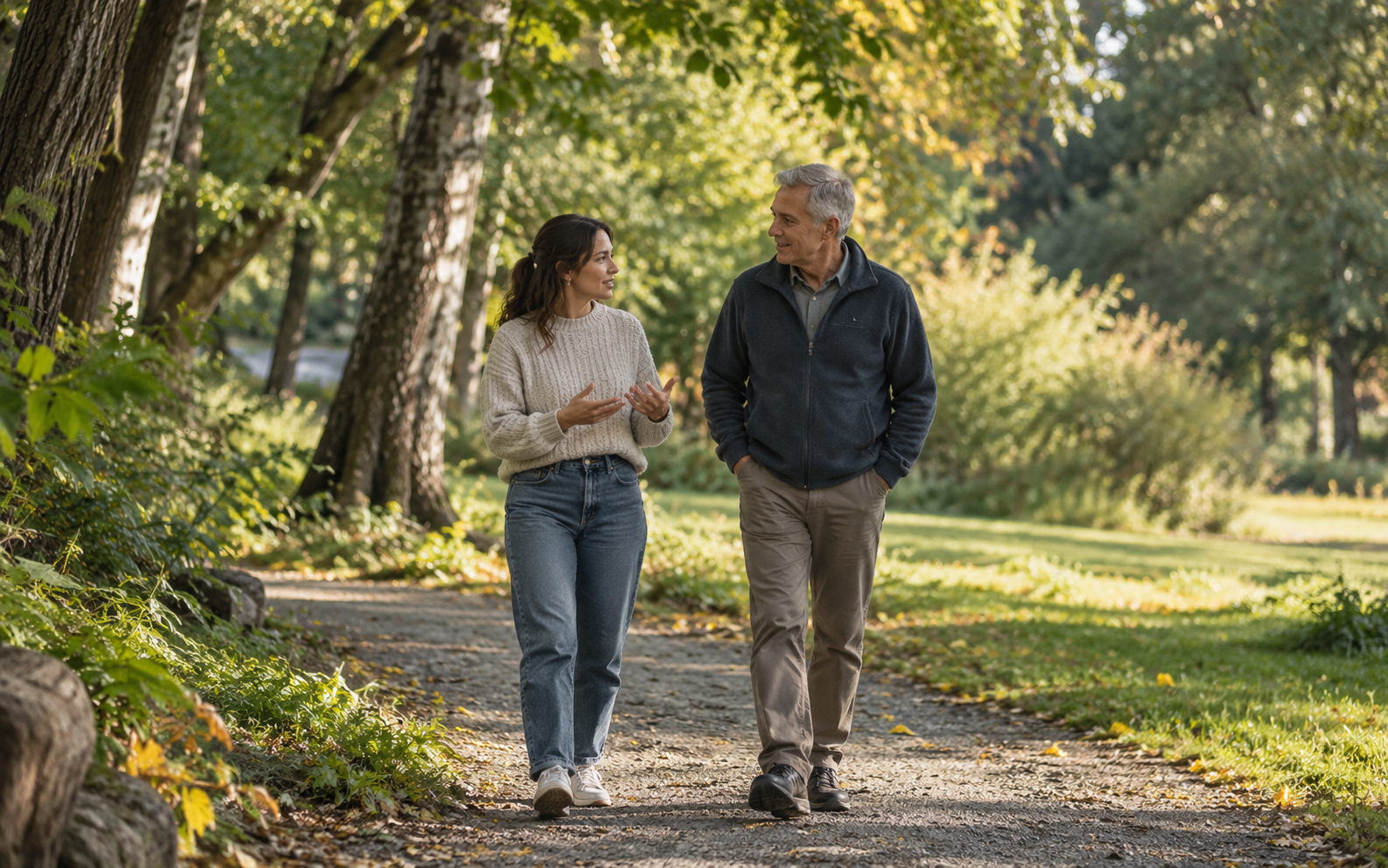 Two adults walking together and talking on a leafy path in warm afternoon light