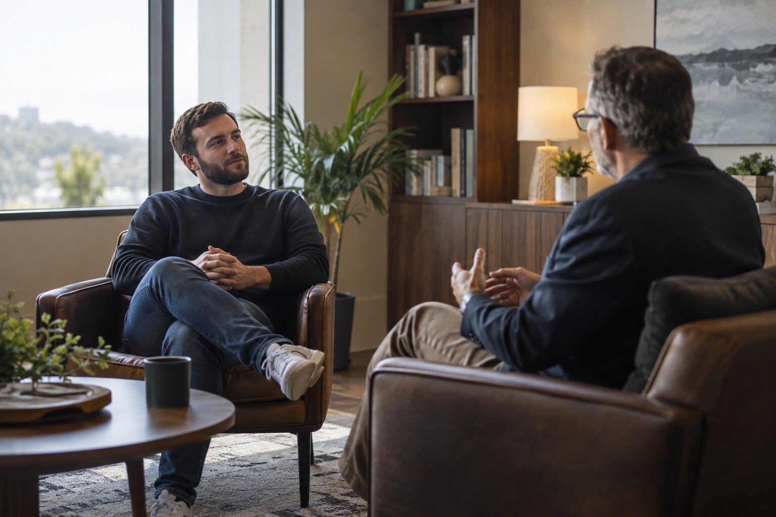 Man speaking with a counsellor during a first appointment