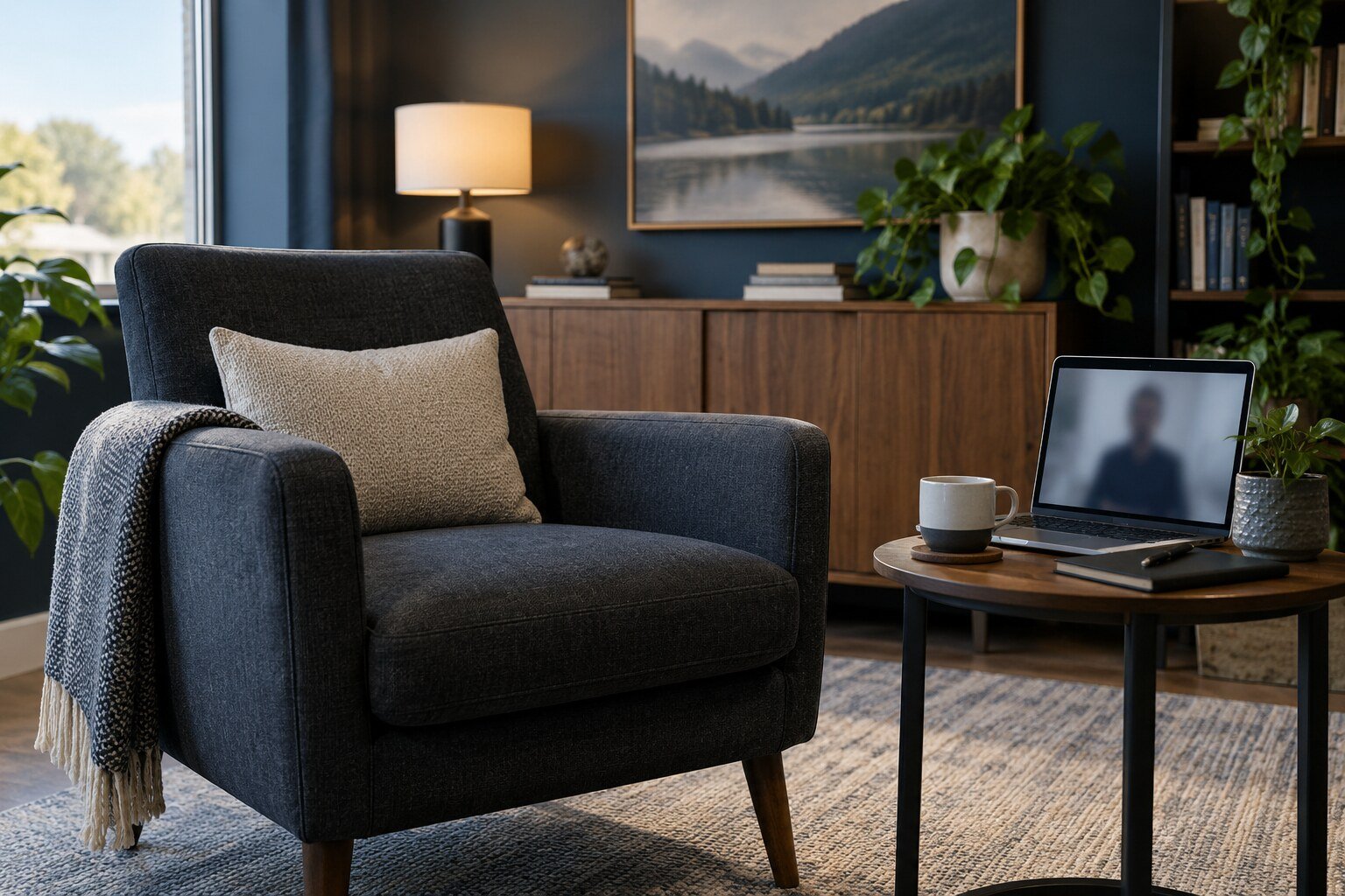 Private office prepared for online men’s counselling in BC