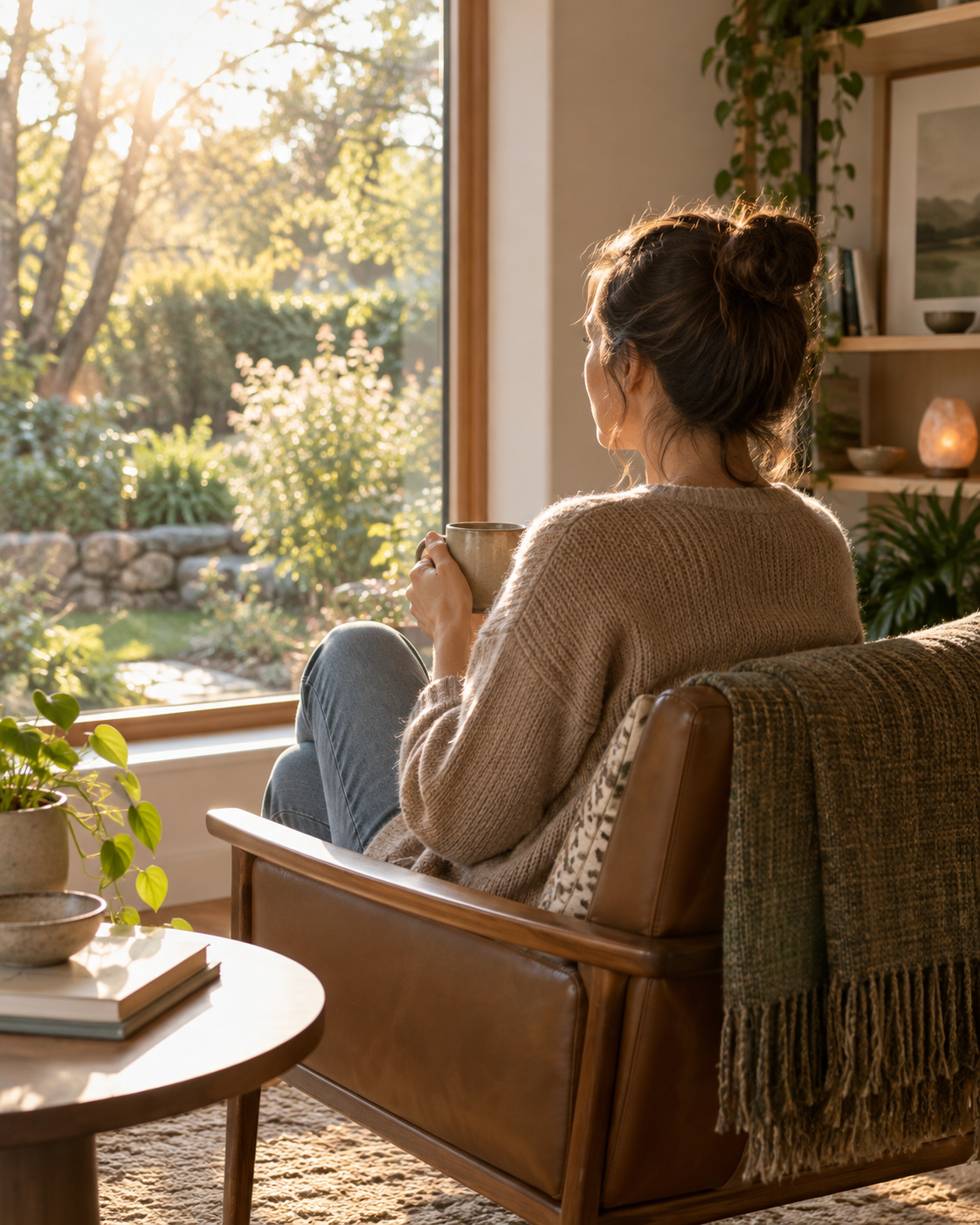 Woman reflecting beside a sunlit garden window in a warm counselling space