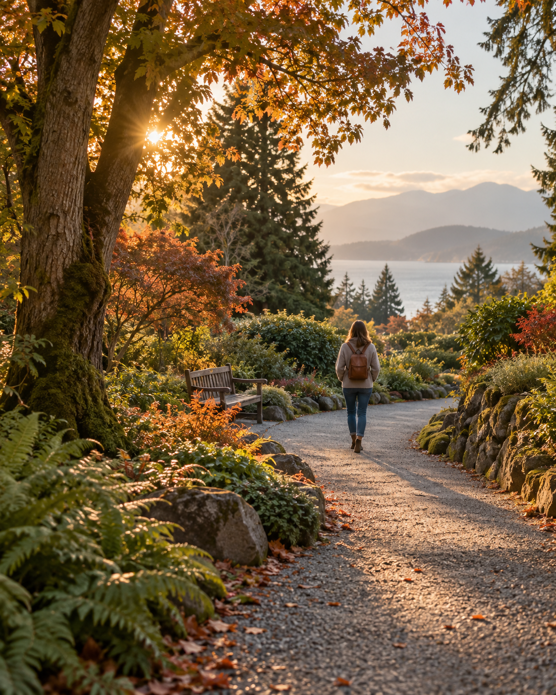 Person walking a sunlit garden path, reflecting gradual personal growth