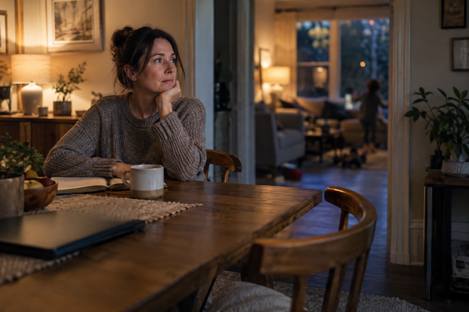 Woman reflecting at a dining table at dusk while family life continues nearby