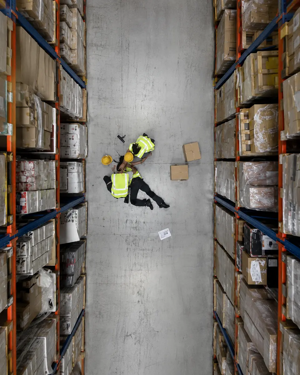 Worker assisting an injured colleague in a warehouse aisle