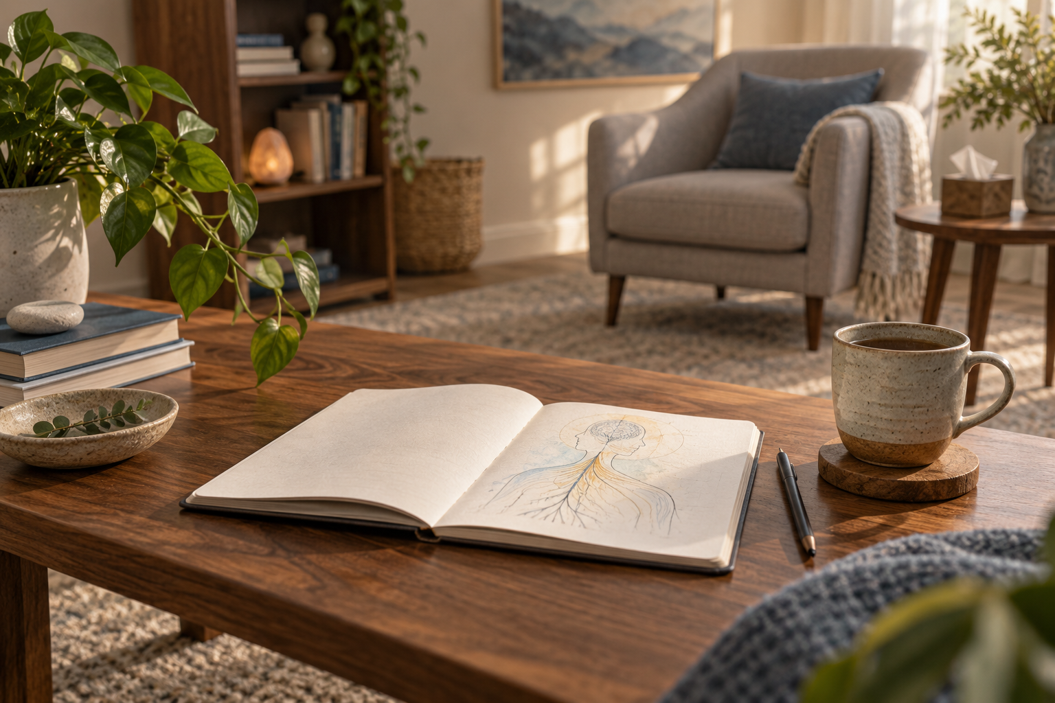Counselling office table with notebook showing a sketch of the nervous system